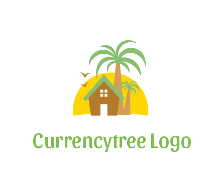 sun behind house with palm trees