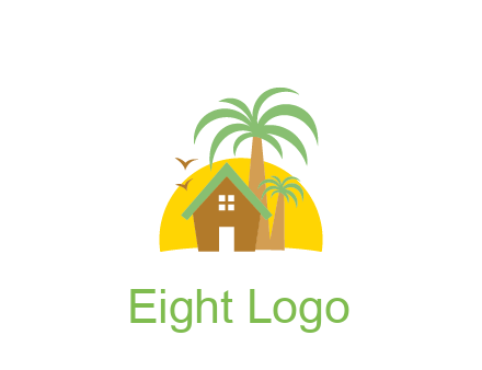 sun behind house with palm trees