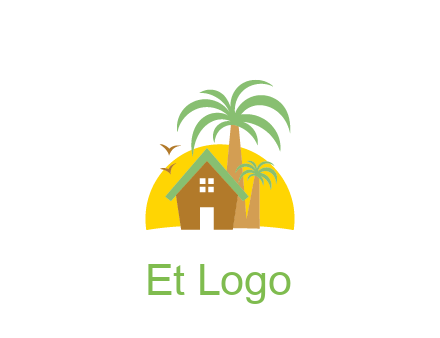 sun behind house with palm trees