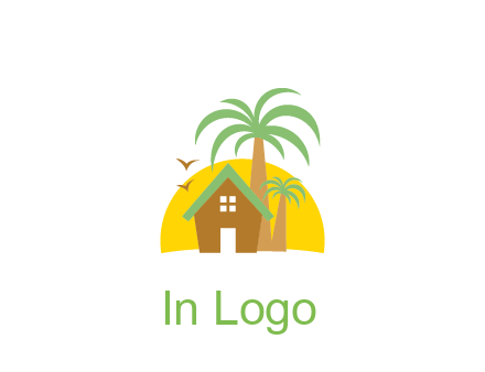 sun behind house with palm trees