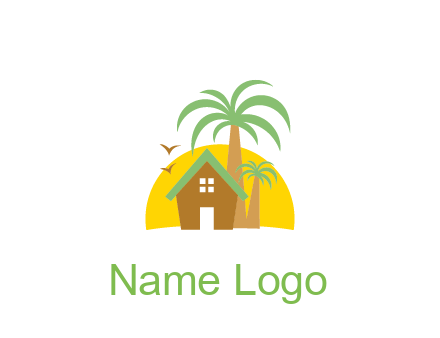 sun behind house with palm trees