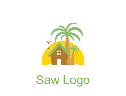 sun behind house with palm trees