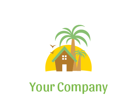sun behind house with palm trees
