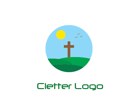 cross in field with sun in circle frame