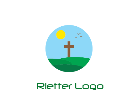 cross in field with sun in circle frame