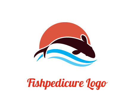 sun behind fish with swooshes as waves