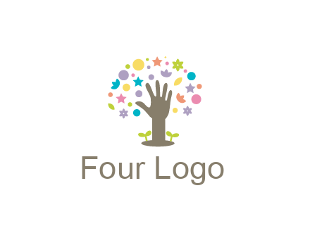 hand with small plants and colorful shapes