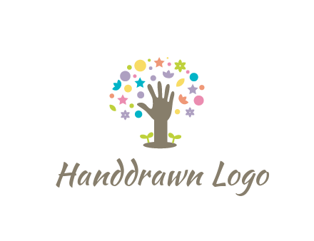 hand with small plants and colorful shapes
