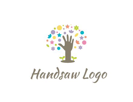 hand with small plants and colorful shapes