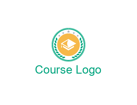graduation hat in circle with wreath and stars