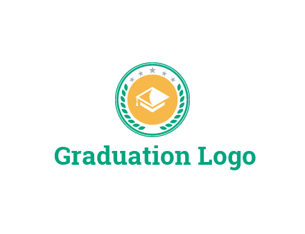graduation hat in circle with wreath and stars