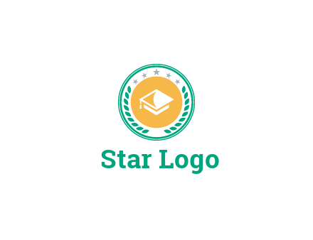 graduation hat in circle with wreath and stars