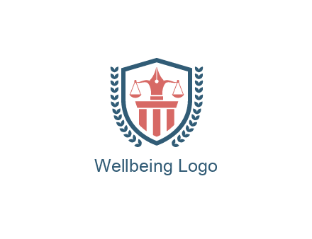 balance with pen on pillar in shield with wreaths