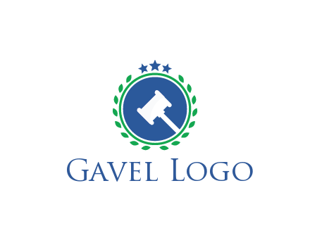 gavel in circle with leaves and stars