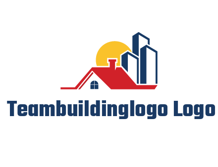 sun behind skyscrapers and house