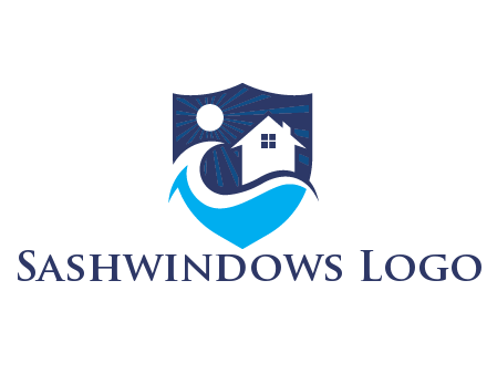 house with sun giving rays and waves in shield