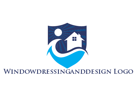house with sun giving rays and waves in shield