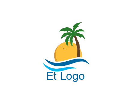 sun behind palm trees with swooshes as waves