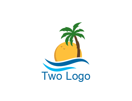 sun behind palm trees with swooshes as waves