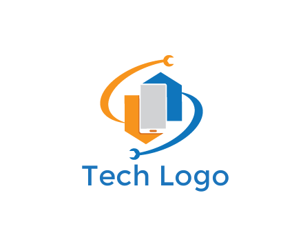 smartphone with geometrical shapes and wrenches with swooshes