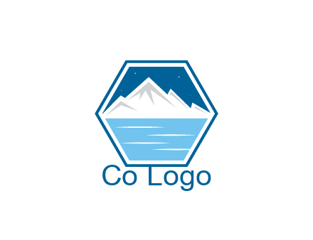 mountain with water and night sky in hexagon