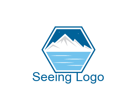 mountain with water and night sky in hexagon