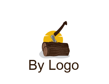 sun behind axe in logs