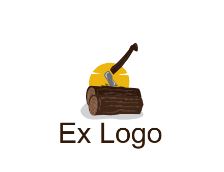 sun behind axe in logs
