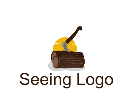 sun behind axe in logs