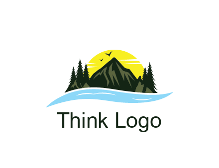 sun behind mountains with trees and lake