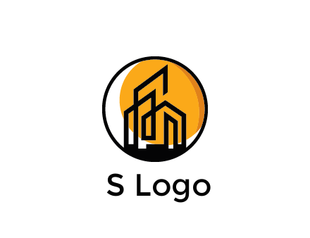 line art building in circle with sun construction logo