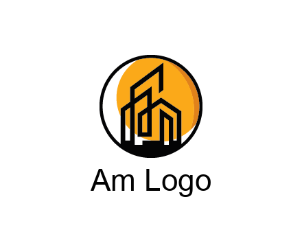 line art building in circle with sun construction logo