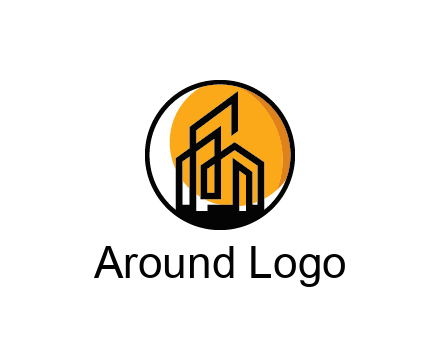 line art building in circle with sun construction logo