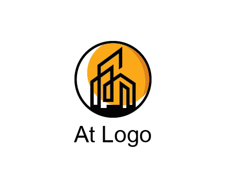 line art building in circle with sun construction logo