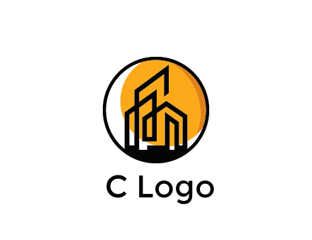line art building in circle with sun construction logo