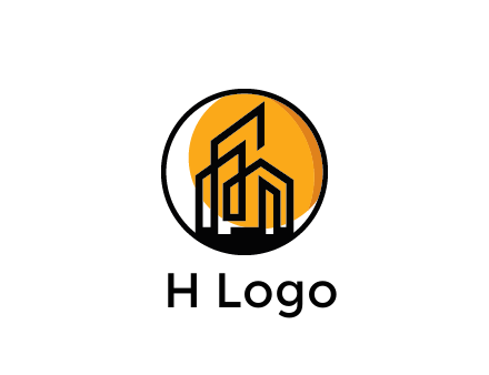 line art building in circle with sun construction logo