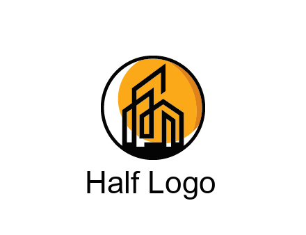 line art building in circle with sun construction logo