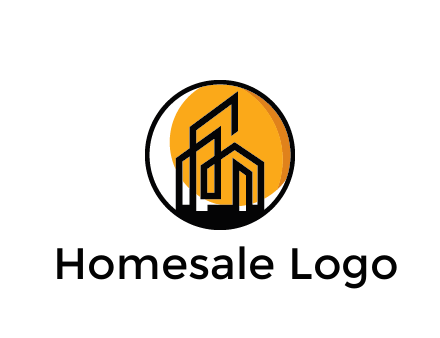 line art building in circle with sun construction logo