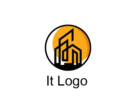 line art building in circle with sun construction logo