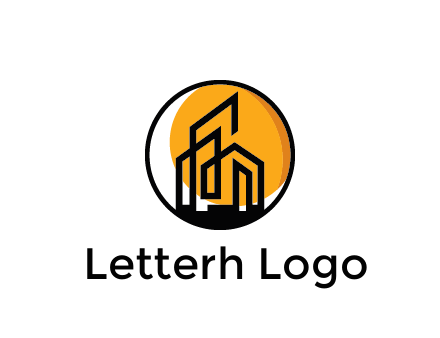 line art building in circle with sun construction logo