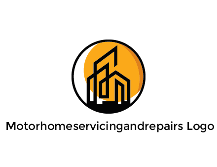 line art building in circle with sun construction logo