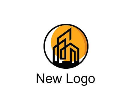 line art building in circle with sun construction logo