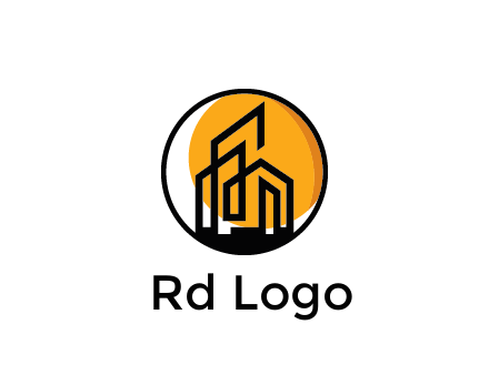 line art building in circle with sun construction logo