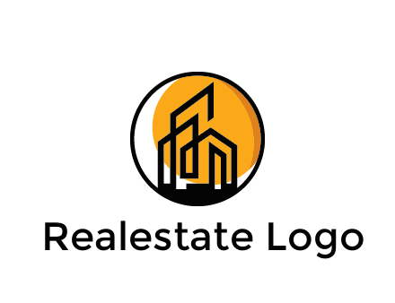 line art building in circle with sun construction logo