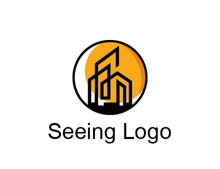 line art building in circle with sun construction logo