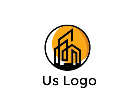 line art building in circle with sun construction logo