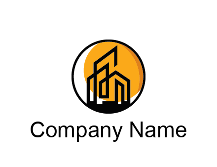 line art building in circle with sun construction logo