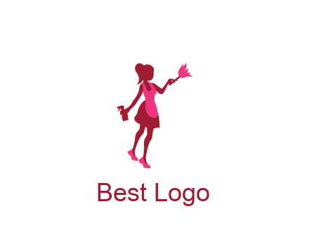 lady wearing apron holding brush cleaning logo