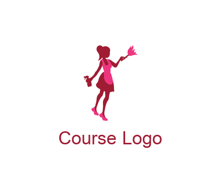 lady wearing apron holding brush cleaning logo