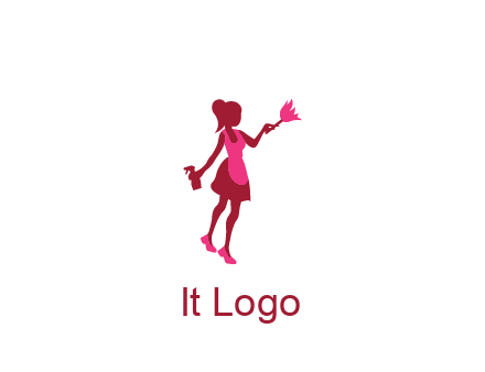lady wearing apron holding brush cleaning logo